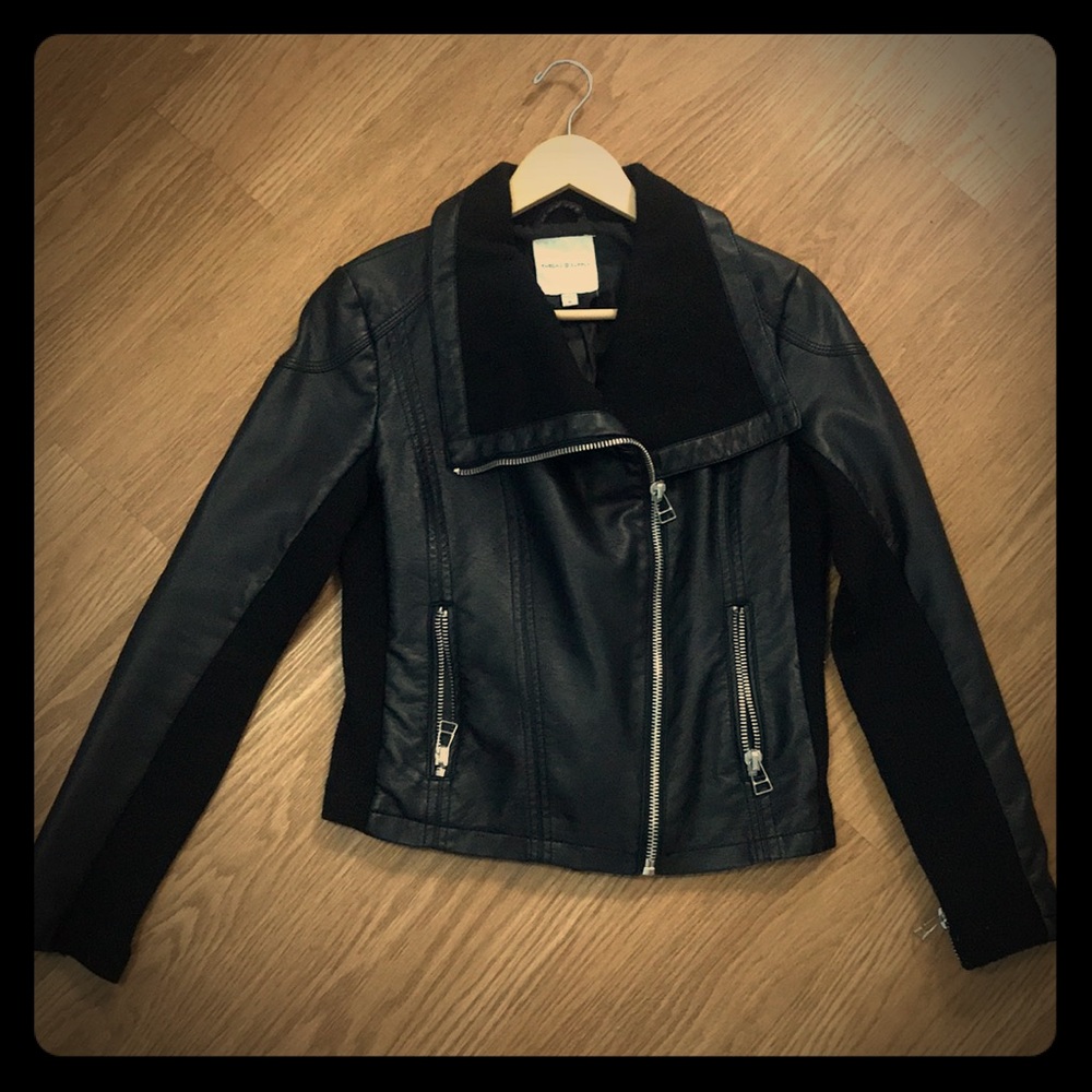 Faux leather jacket with woven detail